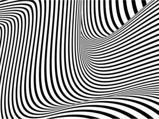 Abstract, modern black and white bent stripes optical illusion warped texture background