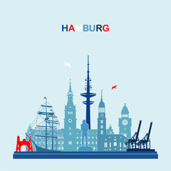 Obraz premium Hamburg Deutschland Skyline Stadt Illustration Vektor Design Symbol Reise Kontur Hintergrund Architektur Gebäude Wahrzeichen Modern Weiß Isoliert Stadtbild Tourismus Geschäft Europa Panorama