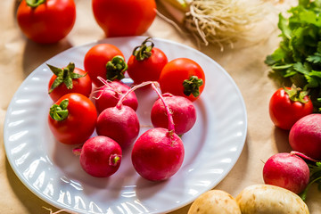 Healthy food background. Assortment of fresh vegetables on paper background