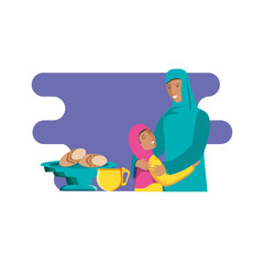 islamic mother with daughter and food