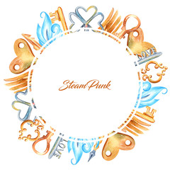Romantic watercolor round shaped frame in Victorian style with steampunk elements. Vintage border with keys, feathers in ginger, gold, and blue colors
