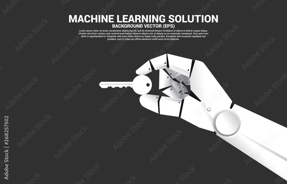 Poster close up robot hand hold the key. Concept for a.i. solution and key success