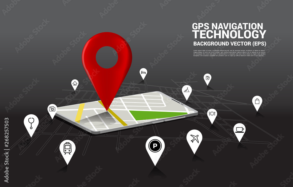 Poster 3d gps pin marker and map in mobile phone application. concept of location and facility place , gps 