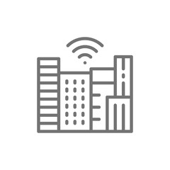 Smart town with Wi-Fi zone, technology city line icon.