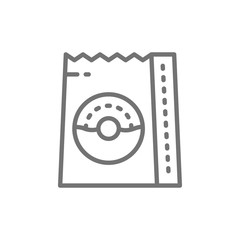 Donuts in bag, food package, takeaway line icon.