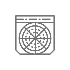 Pizza in box, fast food takeaway line icon.