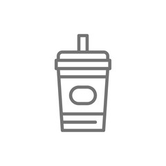 Disposable cup with drink, takeaway line icon.