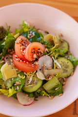 Vegetable salad with tomatoes, cucumbers and greens, flavoured with sesame and olive oil for a perfect vegan dinner