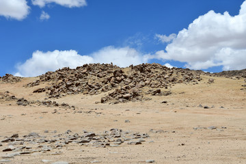 China,  fabulous dwarf of stones, created by nature on the Tibetan plateau. Mountain landscape near lake Gomang