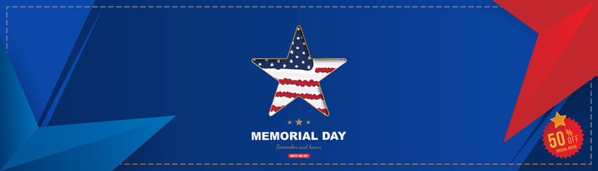 Happy memorial day. Horizontal long banner with Sale 50% offer with a big star with a shadow, on the background of the USA flag. National American holiday event. Flat Vector illustration EPS10