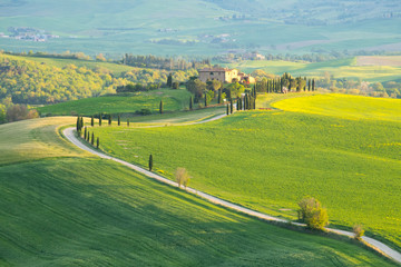 Val d'Orcia landscape in spring. Hills of Tuscany. Cypresses, hills, yellow rapeseed fields and green meadows. Val d'Orcia, Siena, Tuscany, Italy - May, 2019.