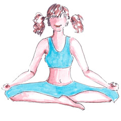 A girl in blue dress meditates in the Lotus position. Simply image