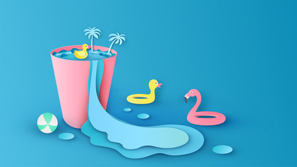 Illustration of creative design sea view inside glass of water with the sea wave splash out of the glass of water. Graphic design for summer. paper cut and craft style. vector, illustration.