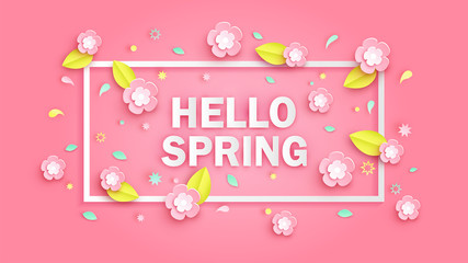 Hello Spring text decoration in rectangle frame with flower, leaves and celebration firework on pink pastel background. Hello Spring banner. paper cut and craft style. vector, illustration.
