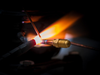 Gas welding using copper brazing rod technique. Welding copper pipes