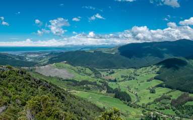 Fototapeta na wymiar Panoramic view to green fields, hills and ocean. Nelson area, New Zealand