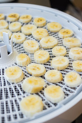 Bananas on dehydrator's round tray. Dried fruits, healthy organic snack. Preserving useful vitamins.