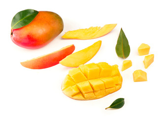 Fototapeta premium Mango fruit with mango cubes and slices