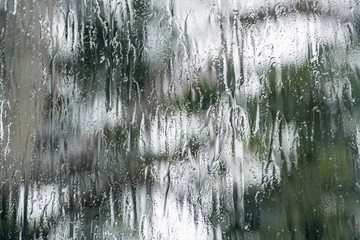 Pouring rain covering the window during a storm; blurred tree shape visible in the background; abstract background