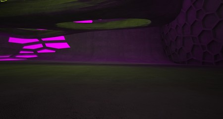 Abstract  Concrete Futuristic Sci-Fi interior With Pink And Green Glowing Neon Tubes . 3D illustration and rendering.