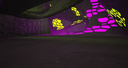 Abstract  Concrete Futuristic Sci-Fi interior With Pink And Green Glowing Neon Tubes . 3D illustration and rendering.