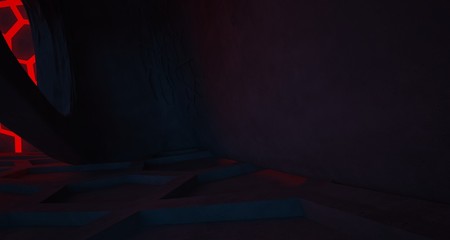 Abstract Concrete Futuristic Sci-Fi interior With Red And Blue Glowing Neon Tubes . 3D illustration and rendering.