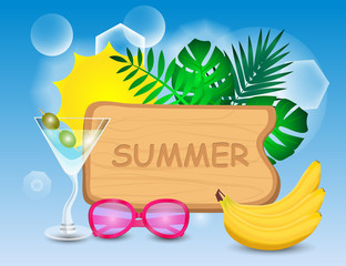 Vector illustration of Summer holiday with wooden background and palm leaves