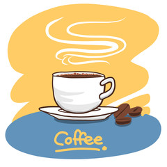 Hot coffee cup with beans and custom text, drawing vector doodle. Editable with layers design