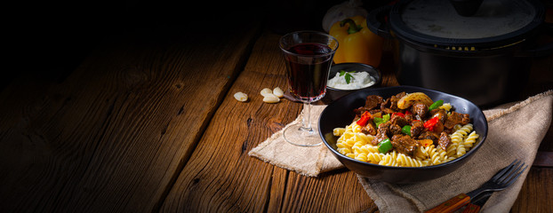 Fussili noodle with klaschise spicy goulash and paprika