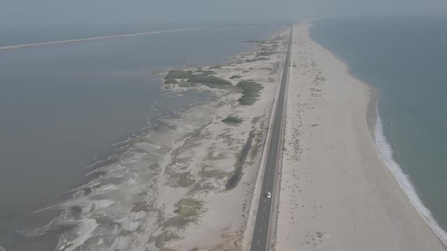 Beach resort in India, Dhanushkodi, Tamil, 4k aerial ungraded/flat