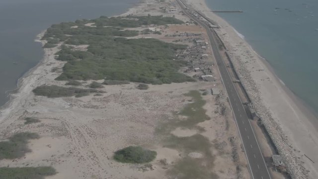 Beach resort in India, Dhanushkodi, Tamil, 4k aerial ungraded/flat