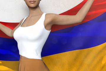 young girl in bright skirt holds Armenia flag in hands behind her back on the white background - flag concept 3d illustration
