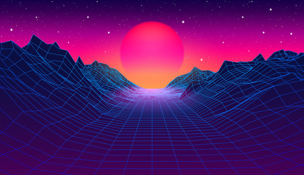 80s synthwave styled landscape with blue grid mountains and sun over canyon