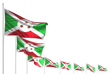 cute many Burundi flags placed diagonal isolated on white with place for text - any feast flag 3d illustration..