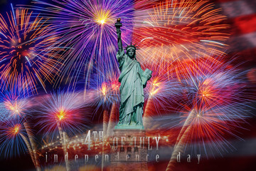 Statue of Liberty with Independence day 4th july text over the Multicolor Fireworks Celebrate with...