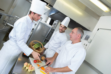 Obraz premium professional chef and his trainees cooking fresh vegetable salad