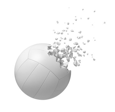 3d Rendering Of White Volleyball Starting To Dissolve Into Particles Isolated On White Background.