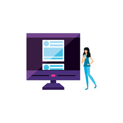 young woman using smartphone with desktop