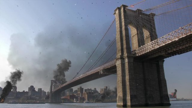 New York City and brooklyn bridge under attack Illustration Powerful Video Compositing simulates Real footage with visual effects elements of New York City manhattan  and brooklyn bridge under attack 
