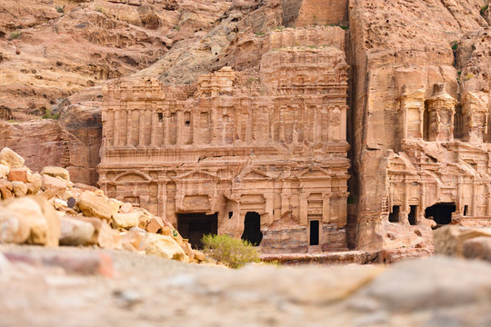 (Selective focus) Stunning view of a huge temple carved in stone in the beautiful Petra site. Petra is a Unesco World heritage site, historical and archaeological city in southern Jordan.