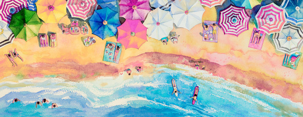 Obraz akwareli seascape odgórny widok kolorowy rodzinny tavel. - 268270520