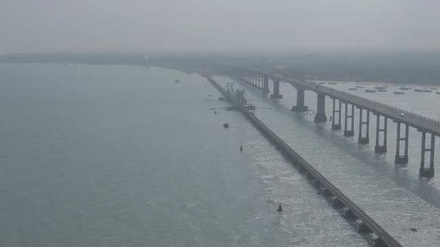 Rameswaram Pamban bridge, India, 4k aerial ugraded/raw