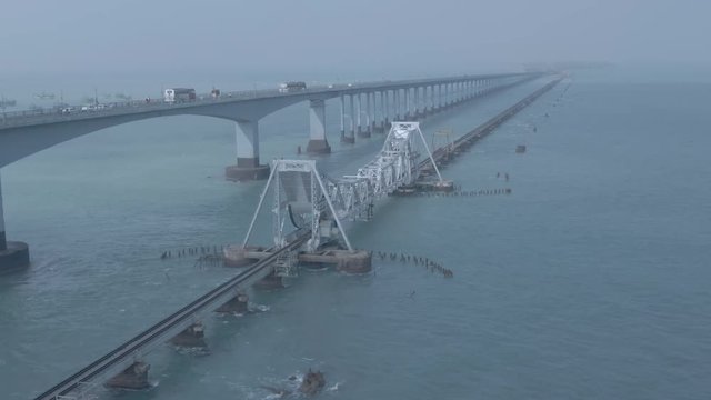 Rameswaram Pamban bridge, India, 4k aerial ugraded/raw