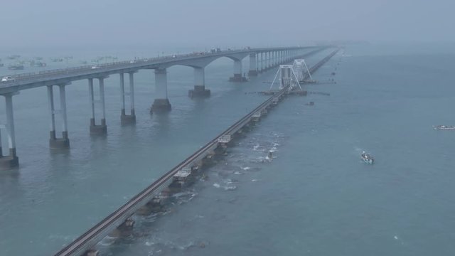 Rameswaram Pamban bridge, India, 4k aerial ugraded/raw