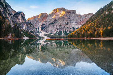 famous italian mountain lake. Lago di Braies, Italy. autumn (summer) landscape (background)