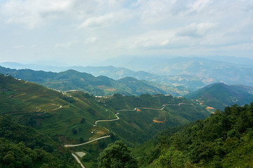 Rice fields at the Mountain of north Vietnam. Beautiful landscape view on the Ha Giang loop . Motorbike trip