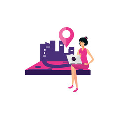 woman using laptop with pin pointer location