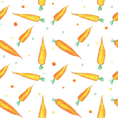 Watercolor orange carrots seamless pattern on white background
