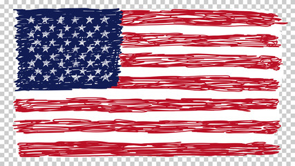 National American flag, transparent background. Brush stroke grunge dirty flag of USA. Hand drawn vector illustration