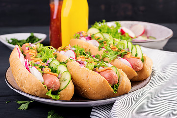 Hot dog with  sausage, cucumber, radish and lettuce on dark wooden background. Summer hotdog.